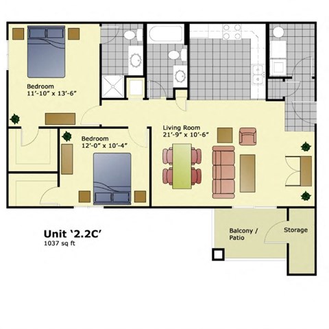Floor plan for 2 beds, 2 baths, 1037 sqft